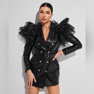 Exaggerated Ruffle Double Button Belted PU Leather Blazer Dress Size S